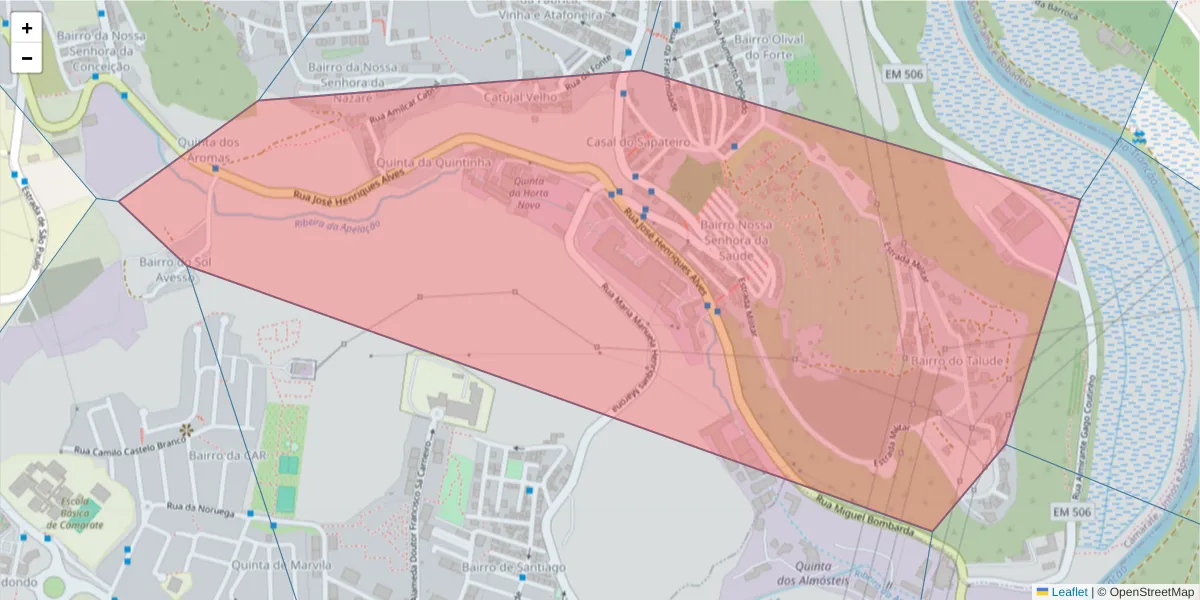 Mapa detalhado do código postal 2680-428 com limites, códigos postais vizinhos e agências dos correios