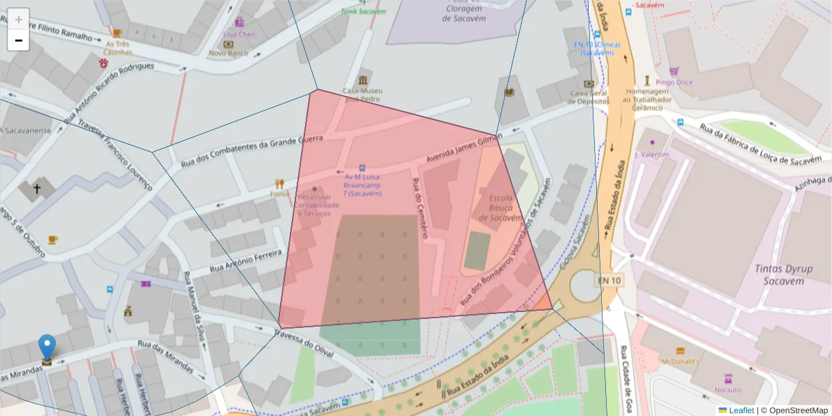 Mapa detalhado do código postal 2685-020 com limites, códigos postais vizinhos e agências dos correios