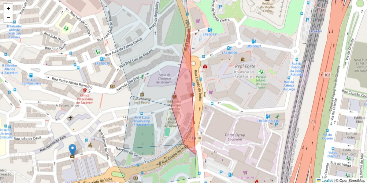 Mapa detalhado do código postal 2685-050 com limites, códigos postais vizinhos e agências dos correios