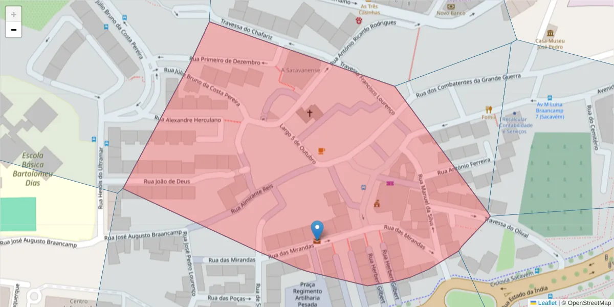 Mapa detalhado do código postal 2685-099 com limites, códigos postais vizinhos e agências dos correios