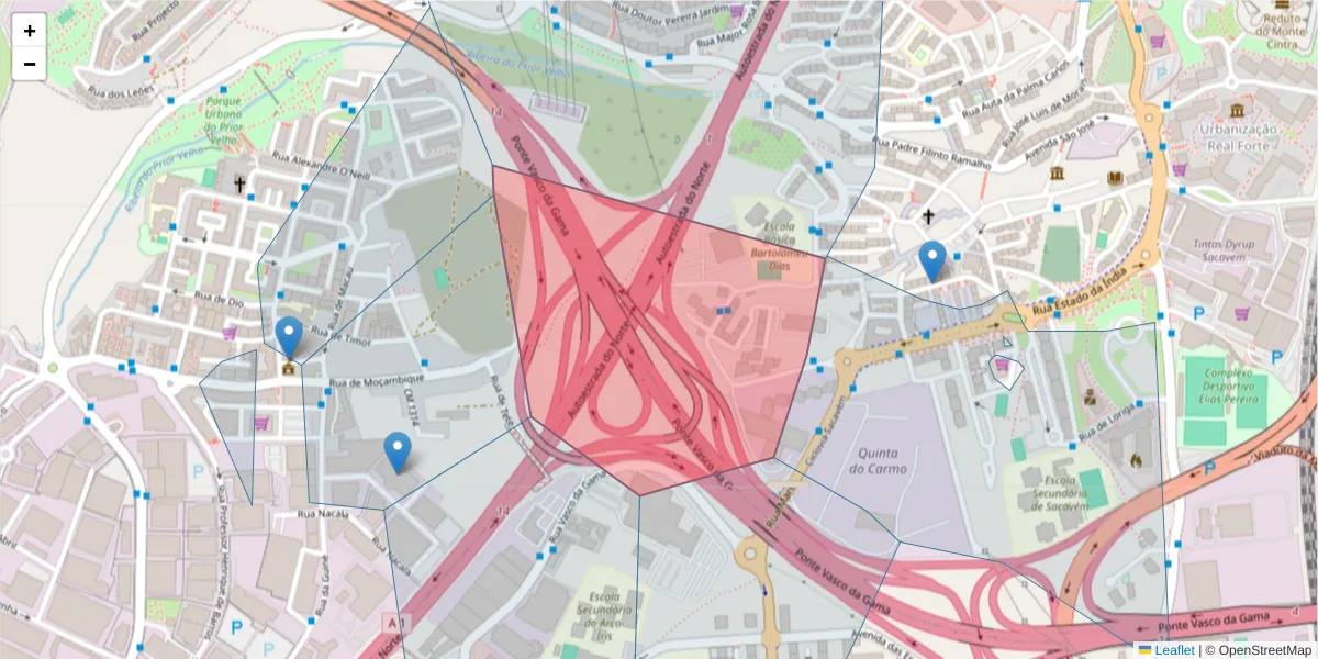 Mapa detalhado do código postal 2685-107 com limites, códigos postais vizinhos e agências dos correios
