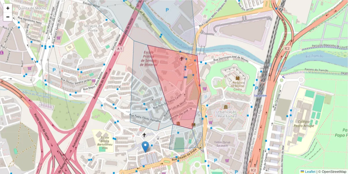 Mapa detalhado do código postal 2685-108 com limites, códigos postais vizinhos e agências dos correios