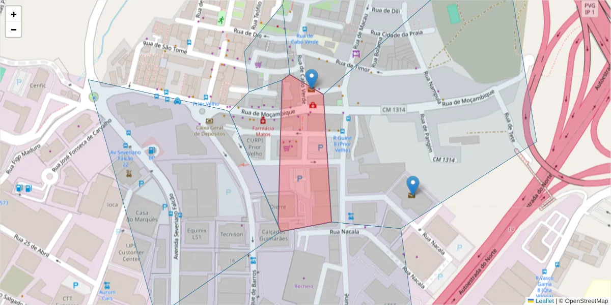 Mapa detalhado do código postal 2685-316 com limites, códigos postais vizinhos e agências dos correios