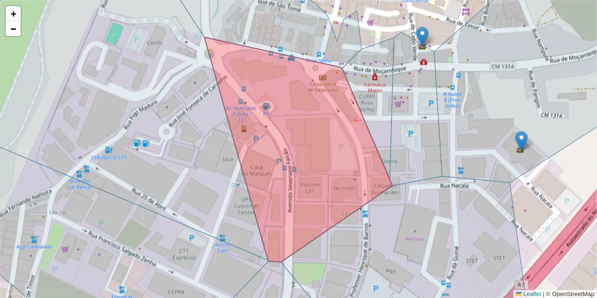 Mapa detalhado do código postal 2685-338 com limites, códigos postais vizinhos e agências dos correios