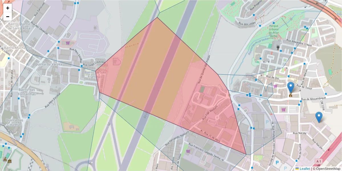 Mapa detalhado do código postal 2685-869 com limites, códigos postais vizinhos e agências dos correios