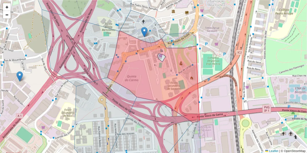 Mapa detalhado do código postal 2685 com limites, códigos postais vizinhos e agências dos correios