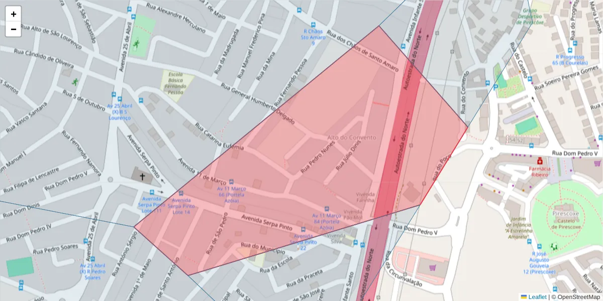 Mapa detalhado do código postal 2690-166 com limites, códigos postais vizinhos e agências dos correios