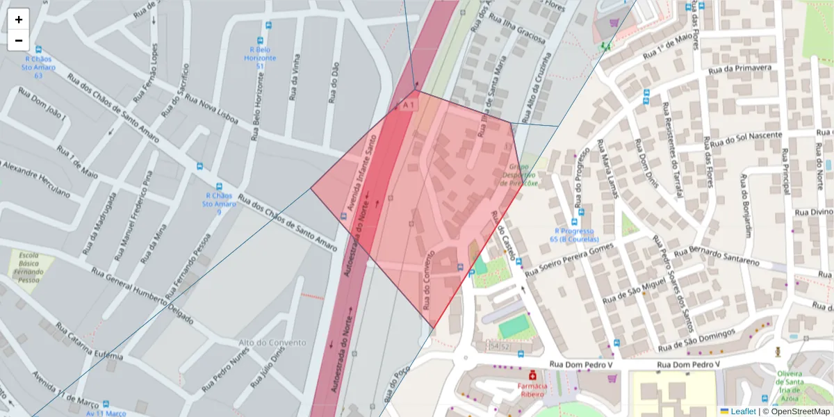 Mapa detalhado do código postal 2690-413 com limites, códigos postais vizinhos e agências dos correios
