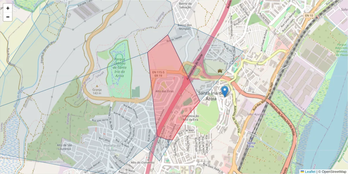 Mapa detalhado do código postal 2690-580 com limites, códigos postais vizinhos e agências dos correios