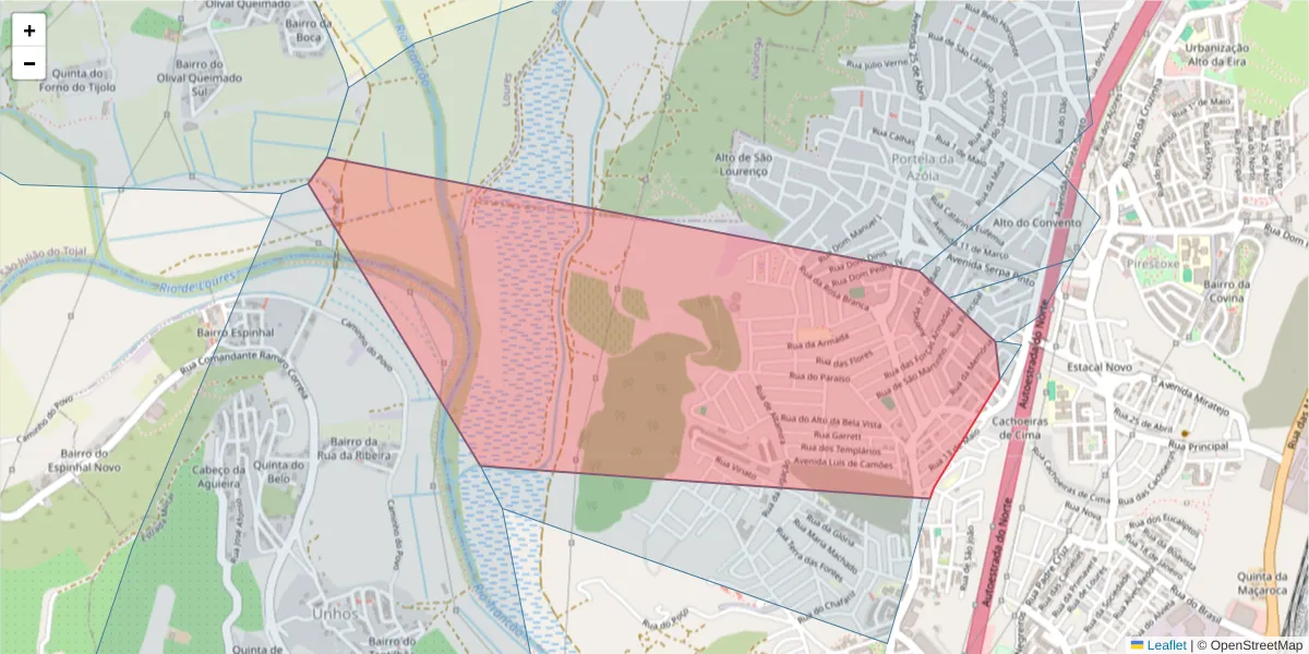Mapa detalhado do código postal 2695-634 com limites, códigos postais vizinhos e agências dos correios