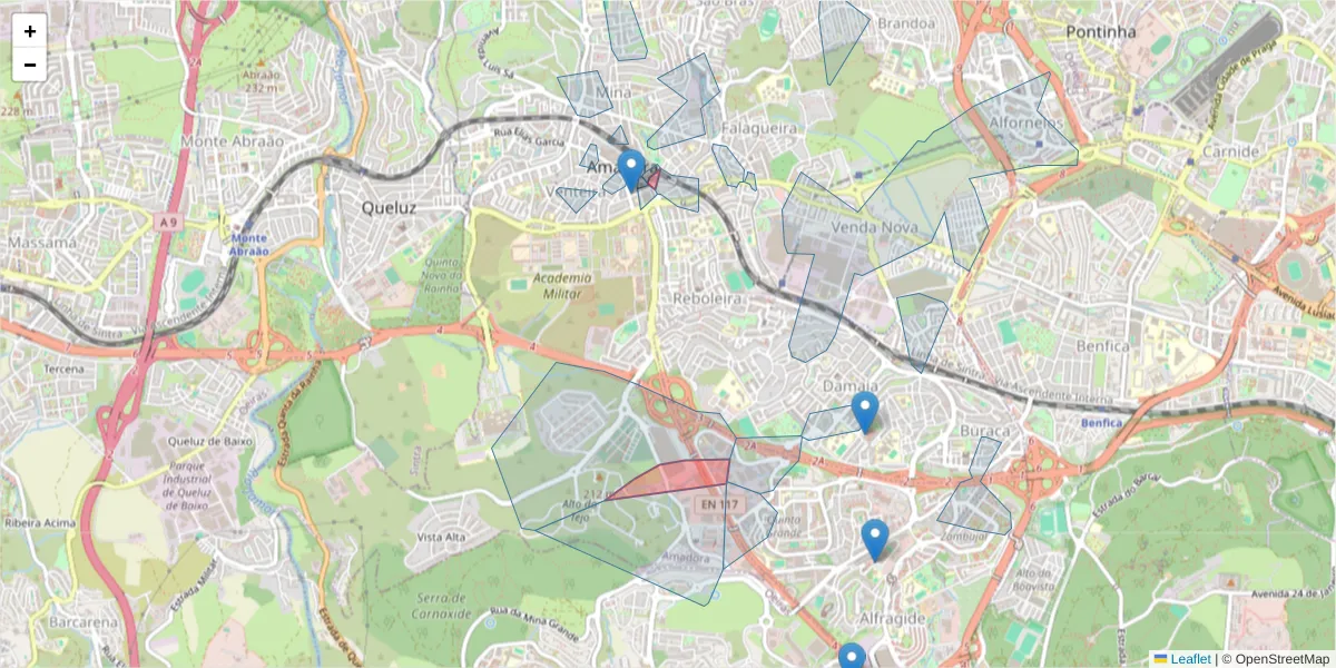 Mapa detalhado do código postal 2700-000 com limites, códigos postais vizinhos e agências dos correios