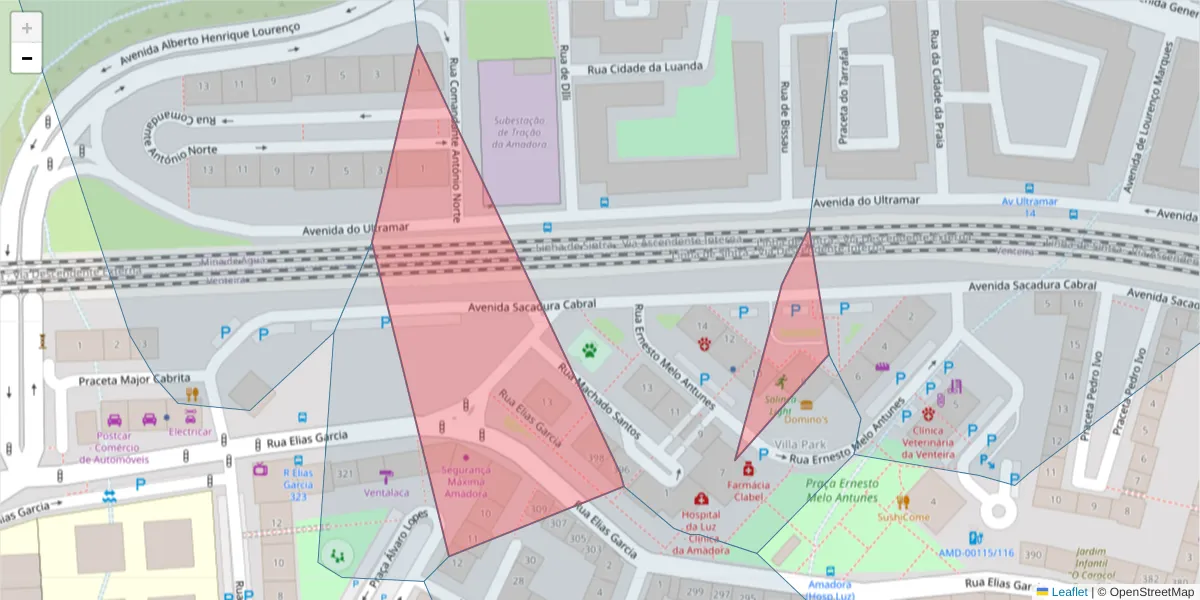 Mapa detalhado do código postal 2700-003 com limites, códigos postais vizinhos e agências dos correios