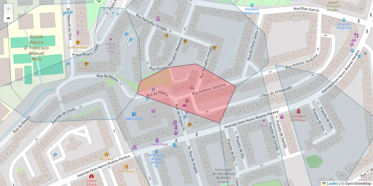 Mapa detalhado do código postal 2700-058 com limites, códigos postais vizinhos e agências dos correios