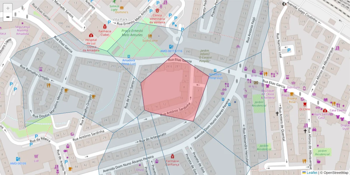 Mapa detalhado do código postal 2700-086 com limites, códigos postais vizinhos e agências dos correios