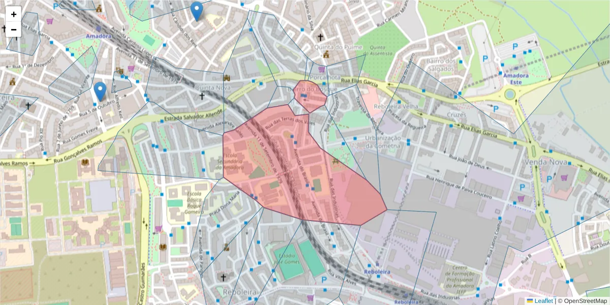 Mapa detalhado do código postal 2700-133 com limites, códigos postais vizinhos e agências dos correios