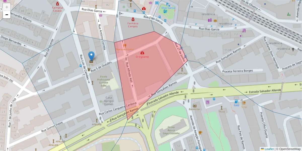Mapa detalhado do código postal 2700-197 com limites, códigos postais vizinhos e agências dos correios