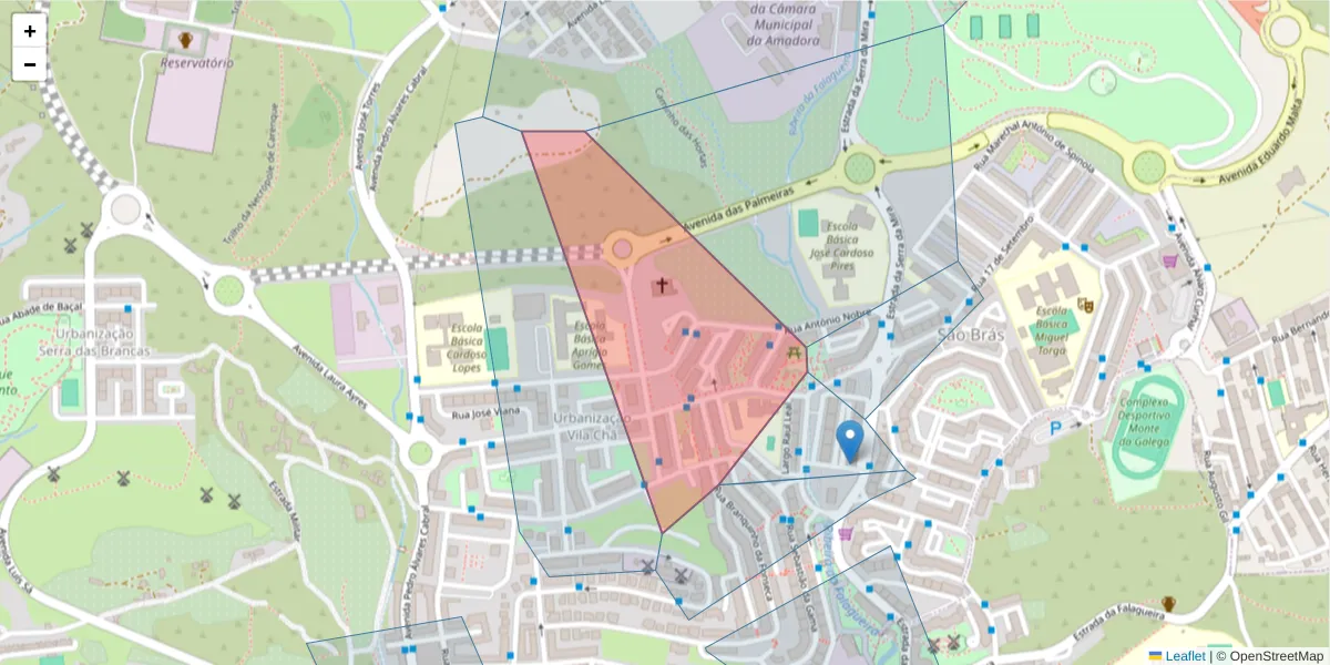 Mapa detalhado do código postal 2700-228 com limites, códigos postais vizinhos e agências dos correios