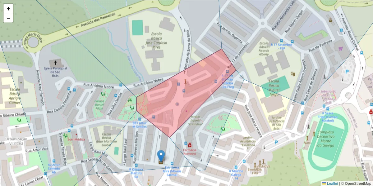 Mapa detalhado do código postal 2700-232 com limites, códigos postais vizinhos e agências dos correios