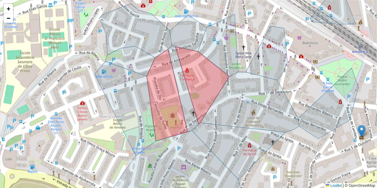 Mapa detalhado do código postal 2700-253 com limites, códigos postais vizinhos e agências dos correios