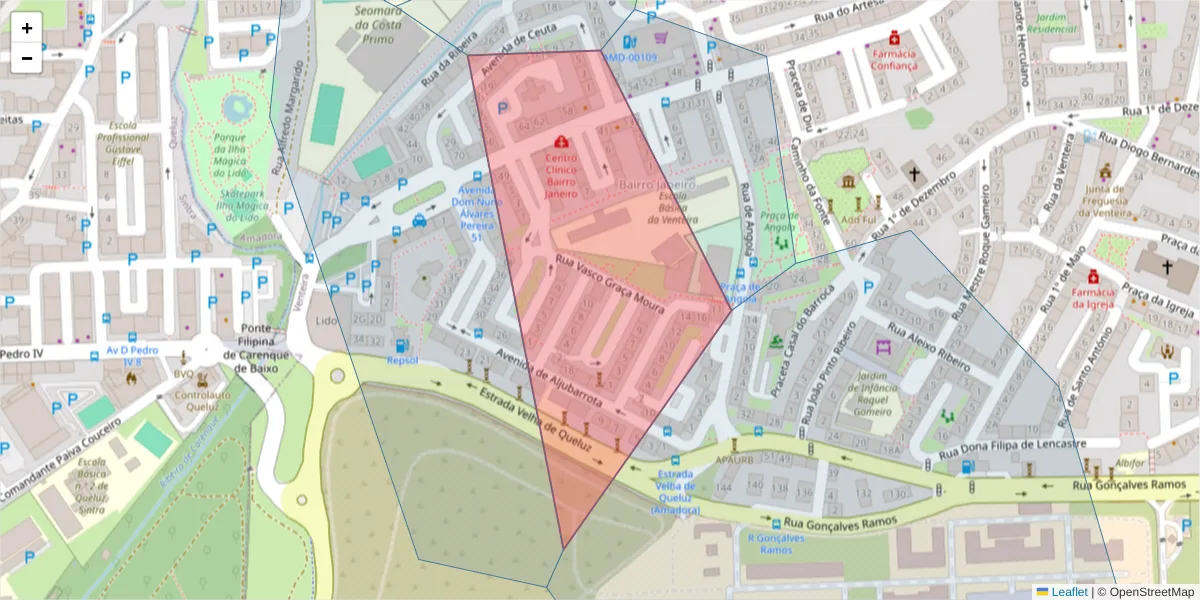 Mapa detalhado do código postal 2700-254 com limites, códigos postais vizinhos e agências dos correios