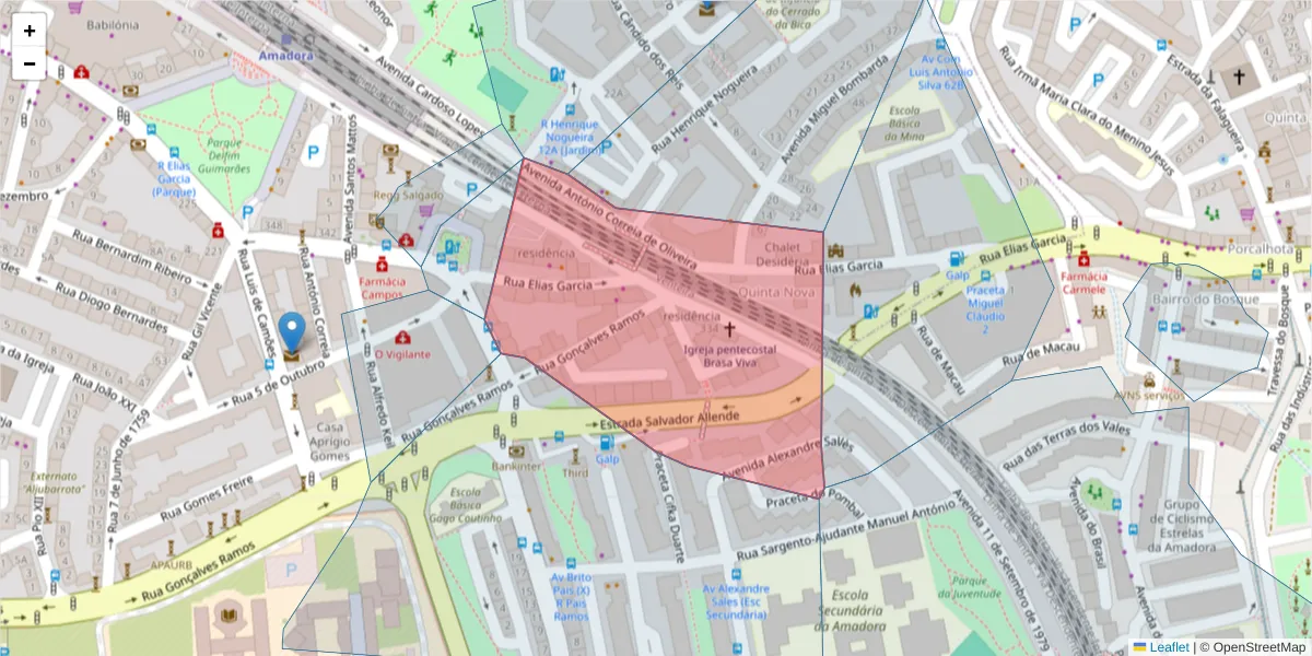 Mapa detalhado do código postal 2700-317 com limites, códigos postais vizinhos e agências dos correios