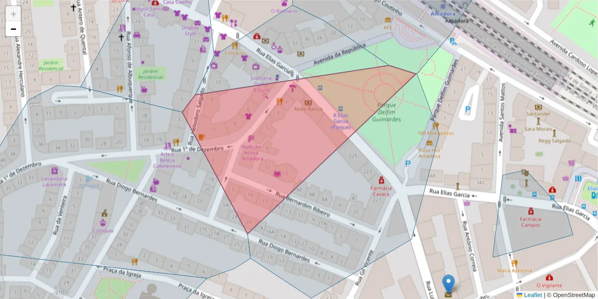 Mapa detalhado do código postal 2700-319 com limites, códigos postais vizinhos e agências dos correios