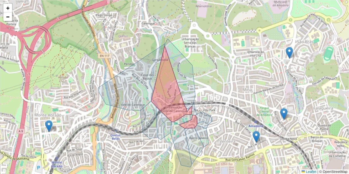 Mapa detalhado do código postal 2700-324 com limites, códigos postais vizinhos e agências dos correios
