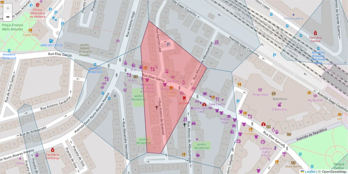 Mapa detalhado do código postal 2700-338 com limites, códigos postais vizinhos e agências dos correios