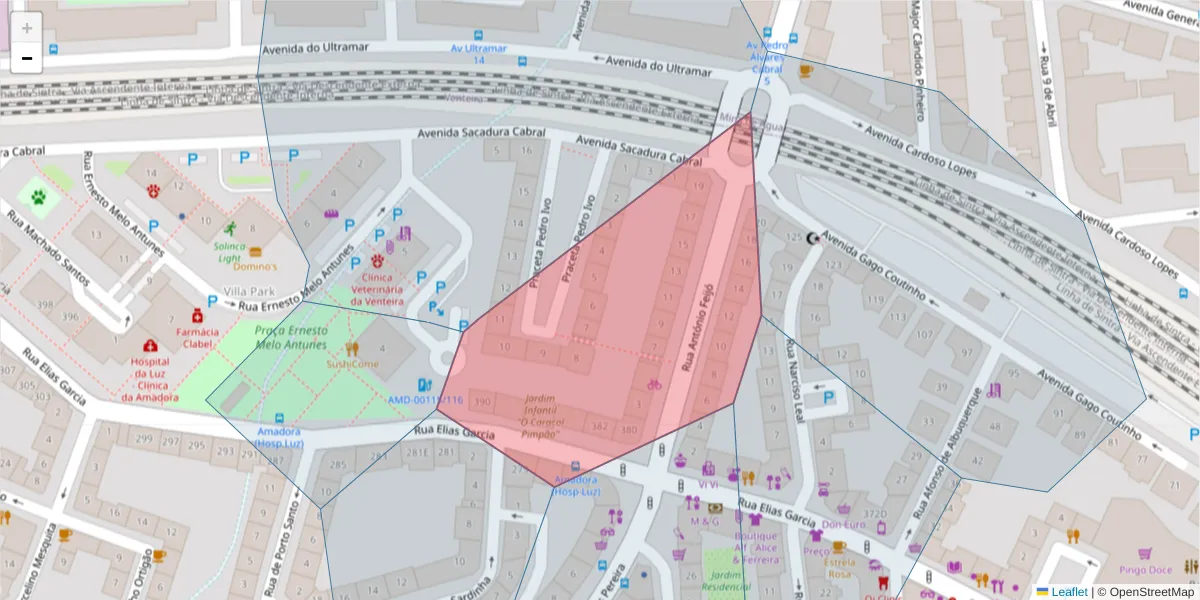 Mapa detalhado do código postal 2700-339 com limites, códigos postais vizinhos e agências dos correios