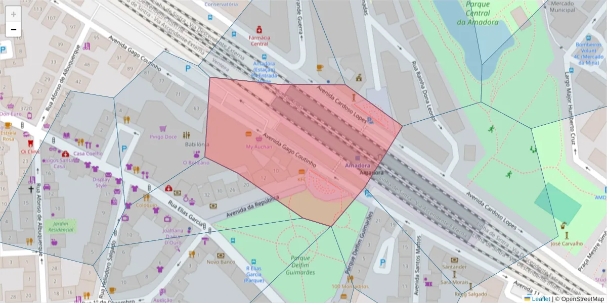 Mapa detalhado do código postal 2700-405 com limites, códigos postais vizinhos e agências dos correios