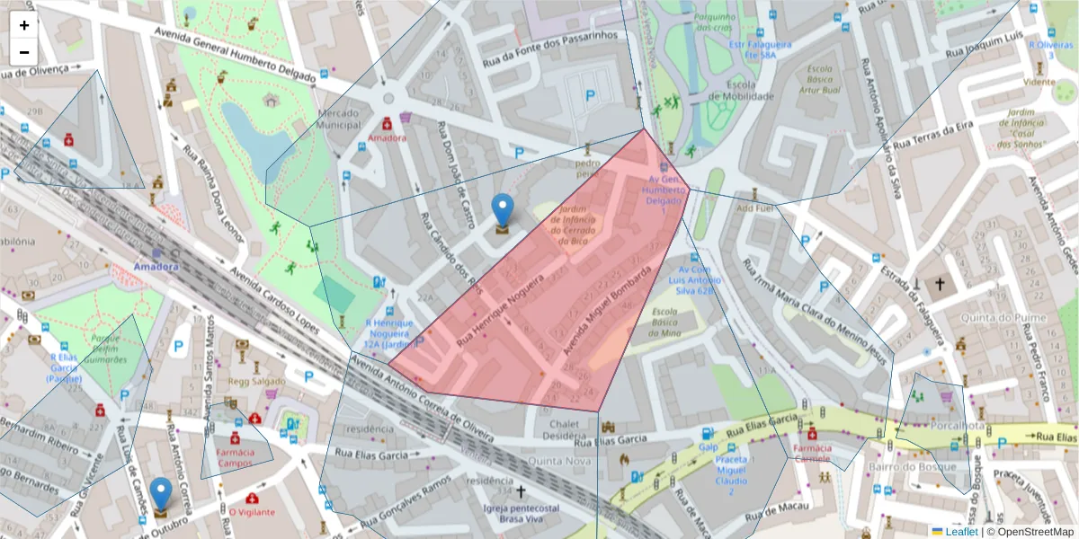 Mapa detalhado do código postal 2700-449 com limites, códigos postais vizinhos e agências dos correios