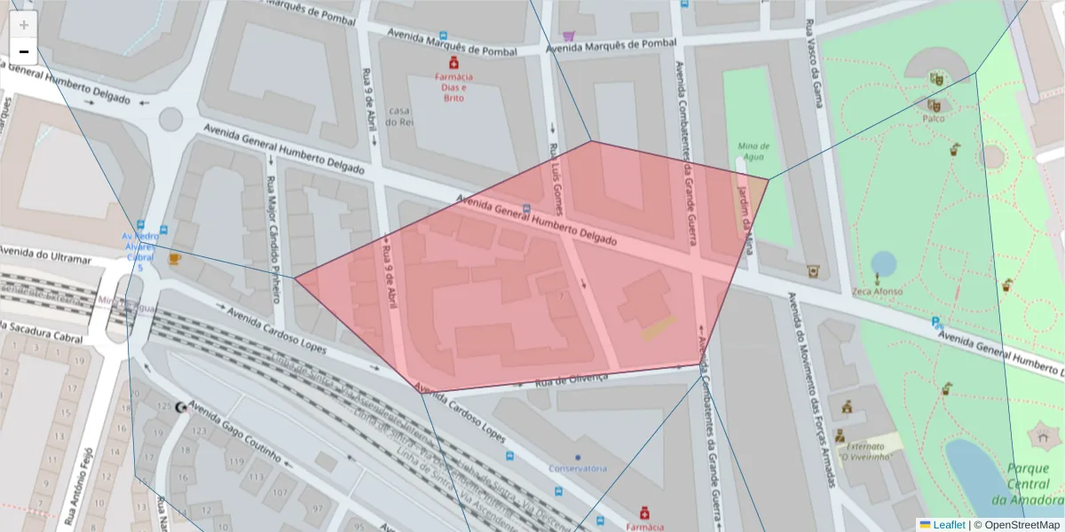 Mapa detalhado do código postal 2700-529 com limites, códigos postais vizinhos e agências dos correios