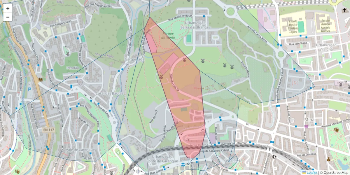 Mapa detalhado do código postal 2700-543 com limites, códigos postais vizinhos e agências dos correios