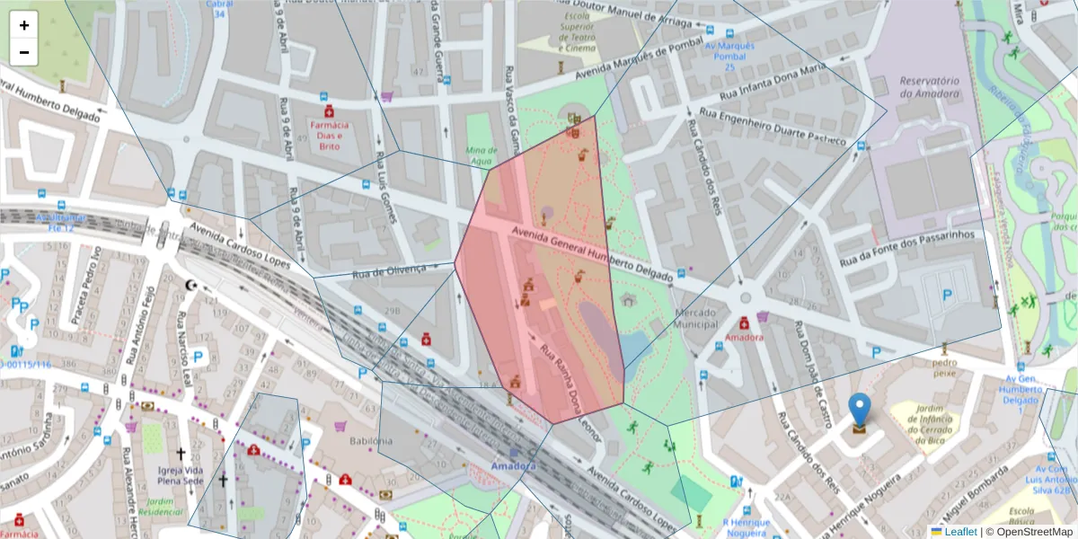 Mapa detalhado do código postal 2700-596 com limites, códigos postais vizinhos e agências dos correios