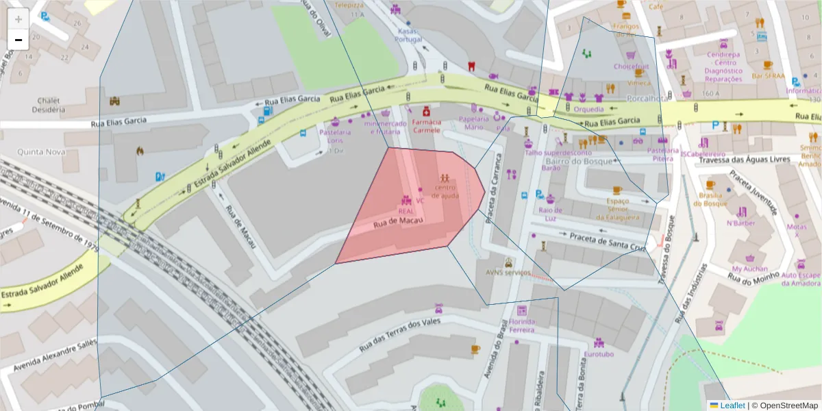 Mapa detalhado do código postal 2700-598 com limites, códigos postais vizinhos e agências dos correios