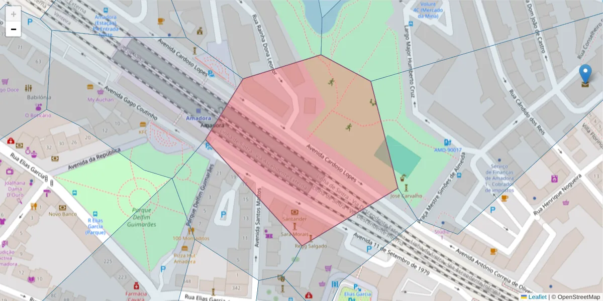 Mapa detalhado do código postal 2700-624 com limites, códigos postais vizinhos e agências dos correios