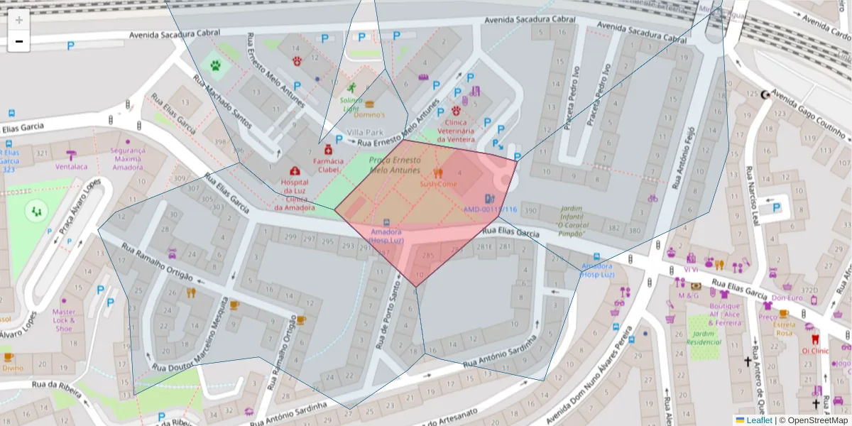 Mapa detalhado do código postal 2700-666 com limites, códigos postais vizinhos e agências dos correios