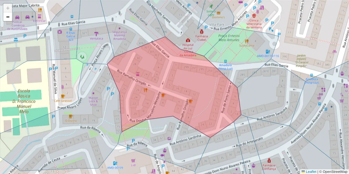 Mapa detalhado do código postal 2700-703 com limites, códigos postais vizinhos e agências dos correios