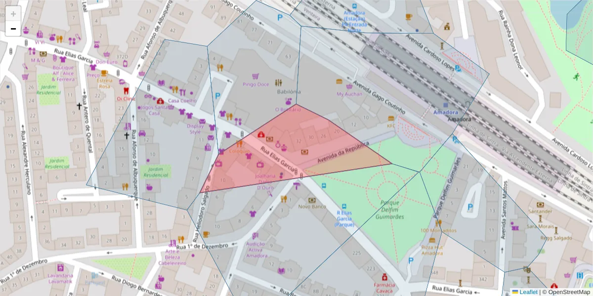 Mapa detalhado do código postal 2700-710 com limites, códigos postais vizinhos e agências dos correios