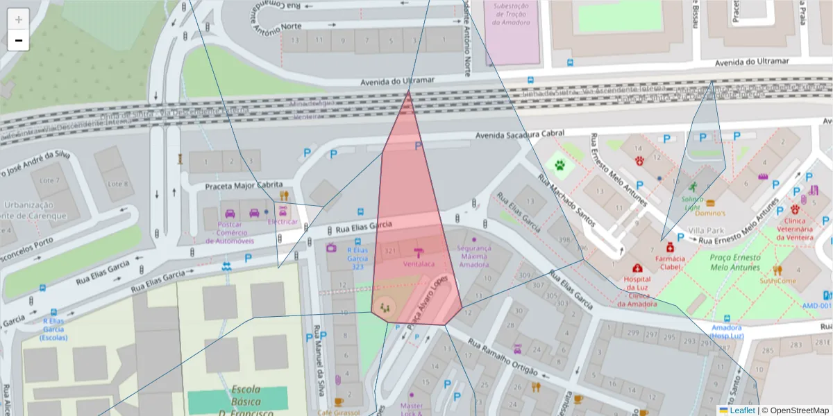 Mapa detalhado do código postal 2700-827 com limites, códigos postais vizinhos e agências dos correios