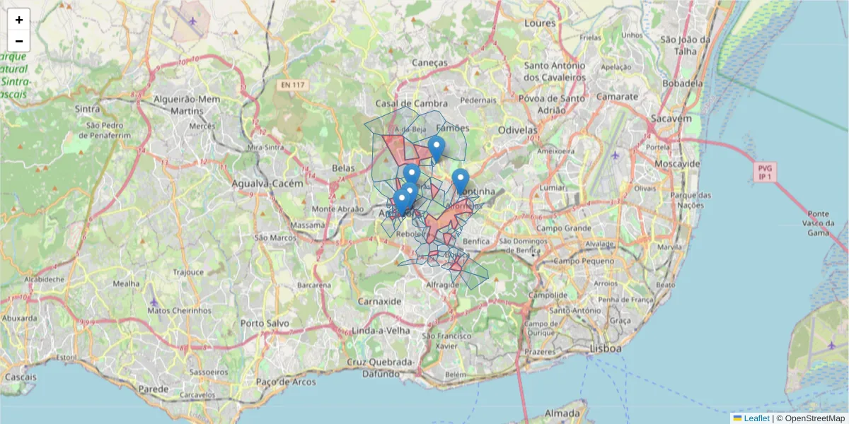 Mapa detalhado do código postal 2700 com limites, códigos postais vizinhos e agências dos correios