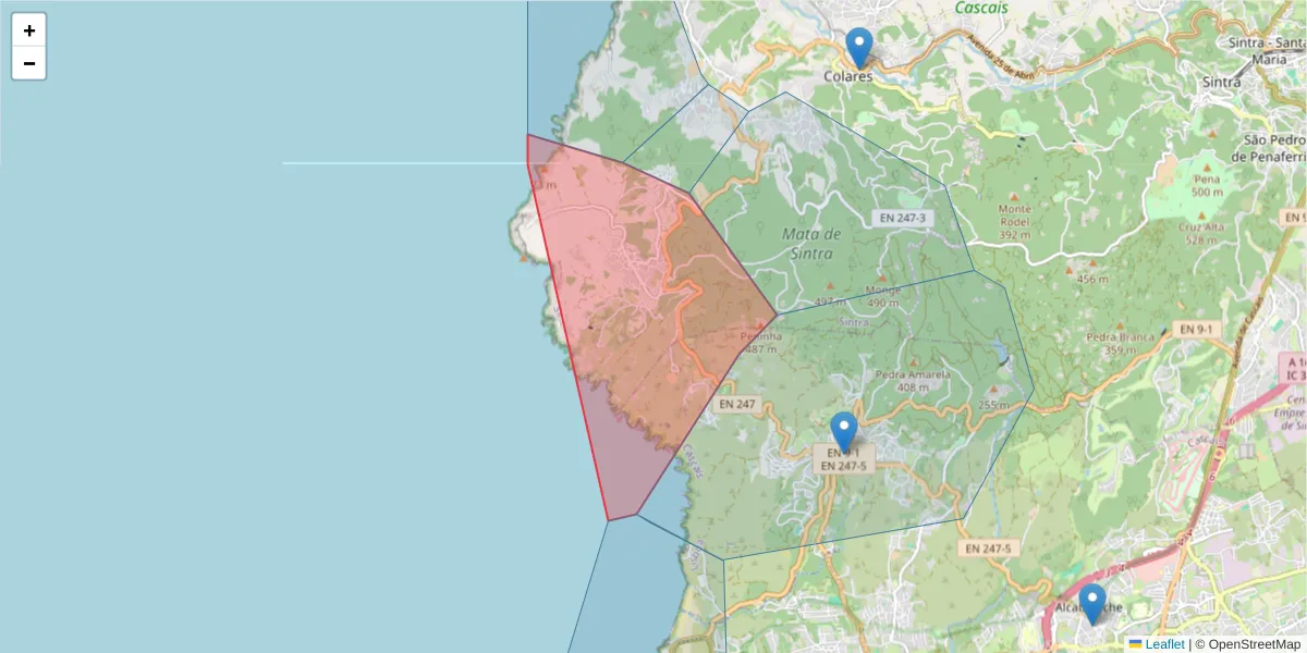 Mapa detalhado do código postal 2705-001 com limites, códigos postais vizinhos e agências dos correios
