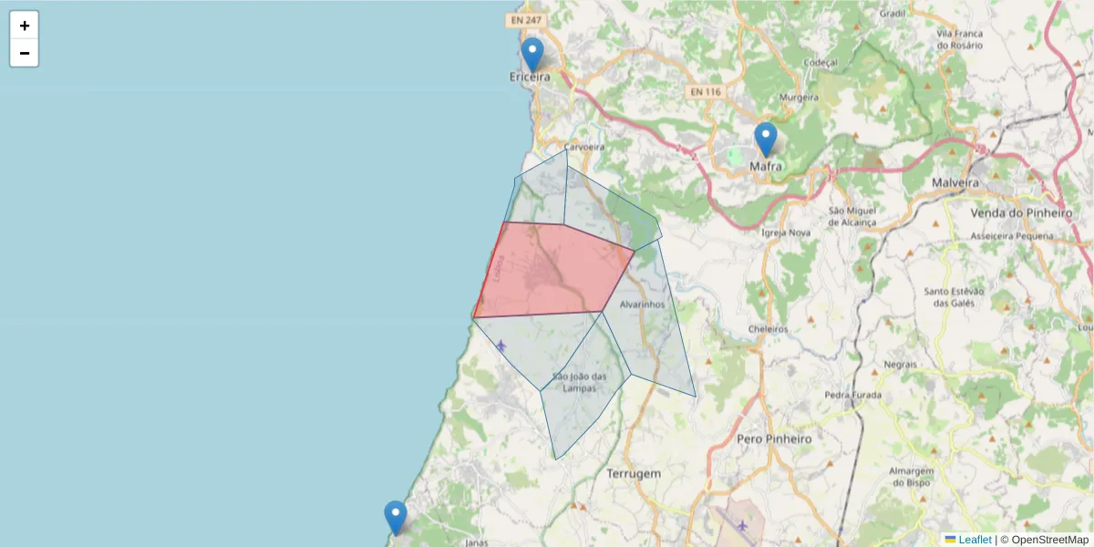 Mapa detalhado do código postal 2705-452 com limites, códigos postais vizinhos e agências dos correios