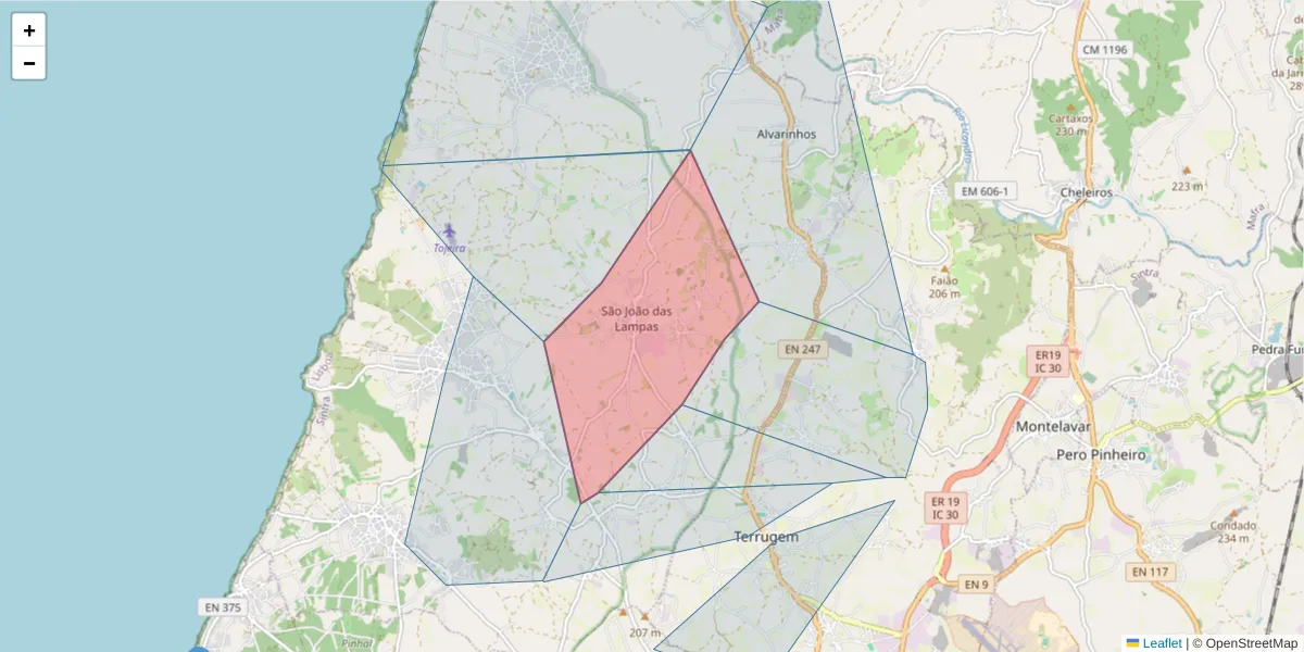 Mapa detalhado do código postal 2705-737 com limites, códigos postais vizinhos e agências dos correios