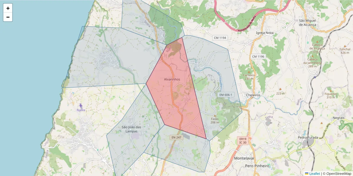 Mapa detalhado do código postal 2705-739 com limites, códigos postais vizinhos e agências dos correios