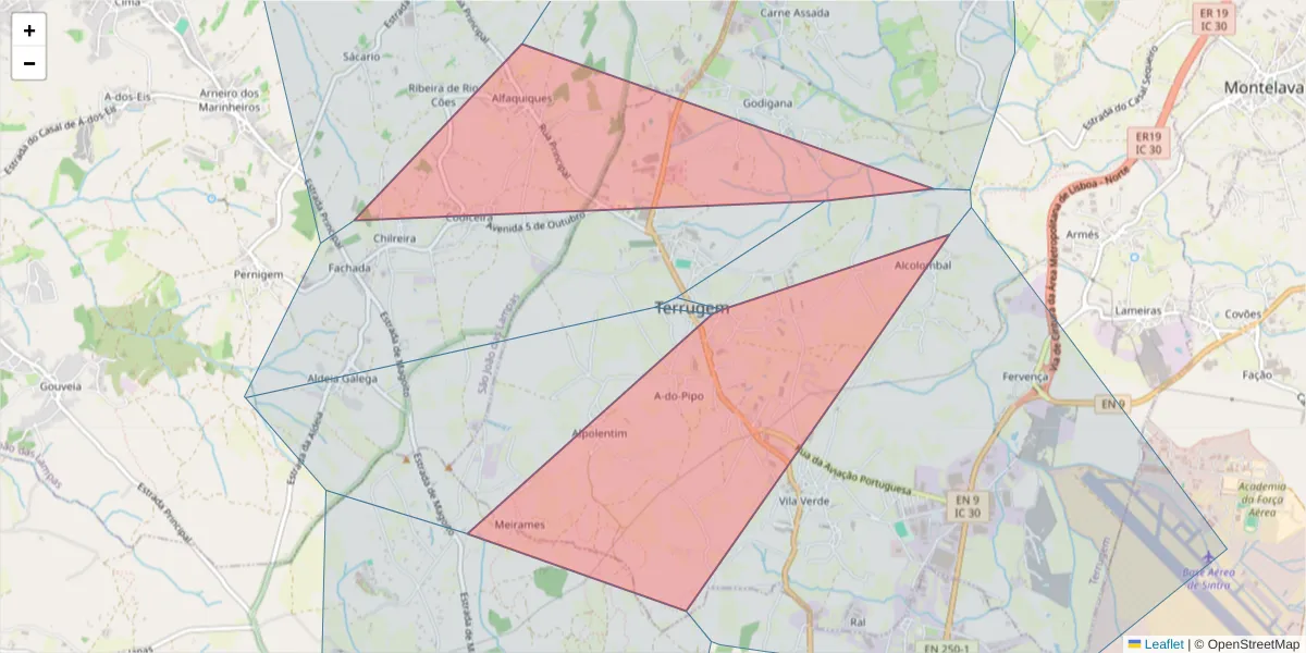 Mapa detalhado do código postal 2705-869 com limites, códigos postais vizinhos e agências dos correios