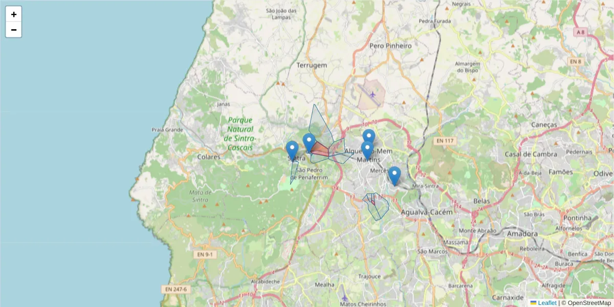 Mapa detalhado do código postal 2710 com limites, códigos postais vizinhos e agências dos correios