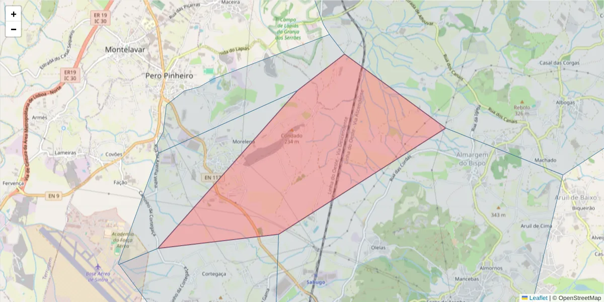 Mapa detalhado do código postal 2715-011 com limites, códigos postais vizinhos e agências dos correios