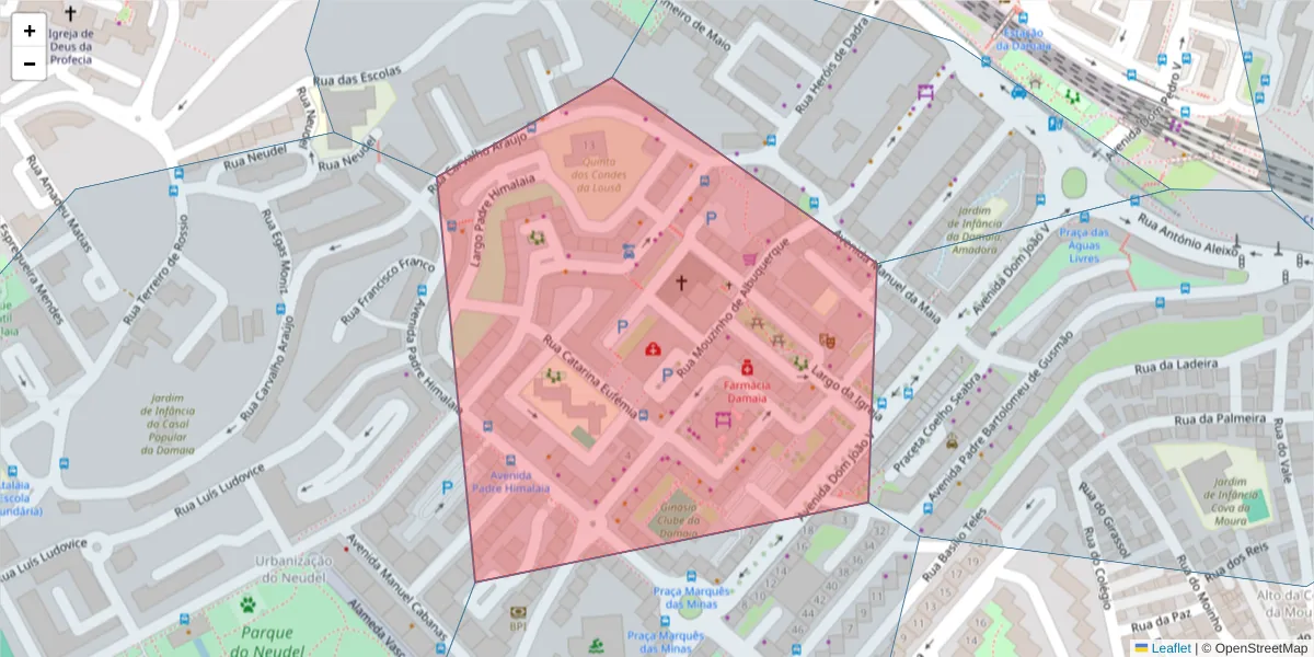 Mapa detalhado do código postal 2720-008 com limites, códigos postais vizinhos e agências dos correios