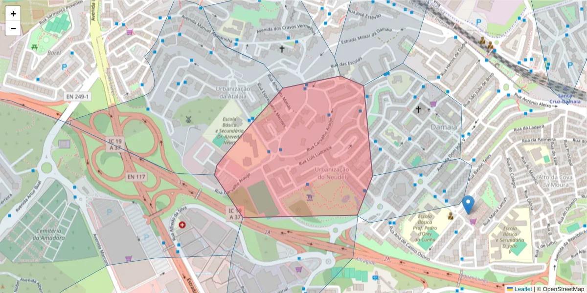 Mapa detalhado do código postal 2720-086 com limites, códigos postais vizinhos e agências dos correios